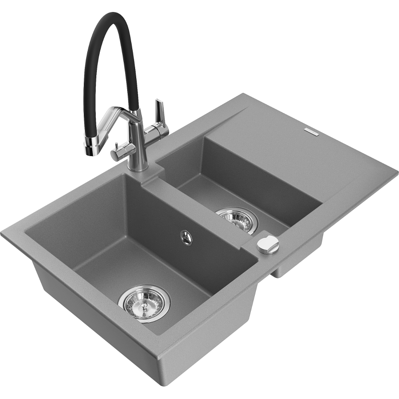 Mexen Gaspar Granitspüle 1,5-fach mit Abtropffläche und Küchenarmatur Duo, grau - 6507-71-671701-07