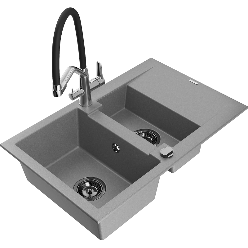 Mexen Gaspar Granitspüle 1,5-Becken mit Abtropffläche und Küchenarmatur Duo, grau - 6507-71-671701-07-B
