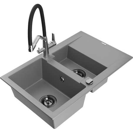 Mexen Gaspar Granitspüle 1,5-Becken mit Abtropffläche und Küchenarmatur Duo, grau - 6507-71-671701-07-B