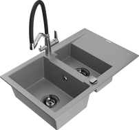 Mexen Gaspar Granitspüle 1,5-Becken mit Abtropffläche und Küchenarmatur Duo, grau - 6507-71-671701-07-B