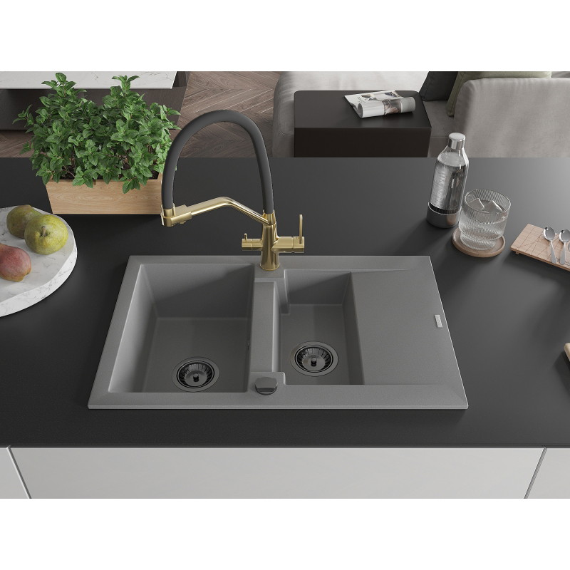 Mexen Gaspar Granitspüle 1,5-Becken mit Abtropffläche und Küchenarmatur Duo, grau - 6507-71-671701-57-B