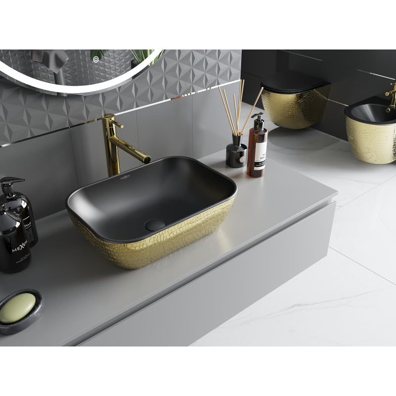 Mexen Rita Aufsatzwaschbecken 45 x 32 cm, schwarz matt/Gold Schuppenmuster - 21084578