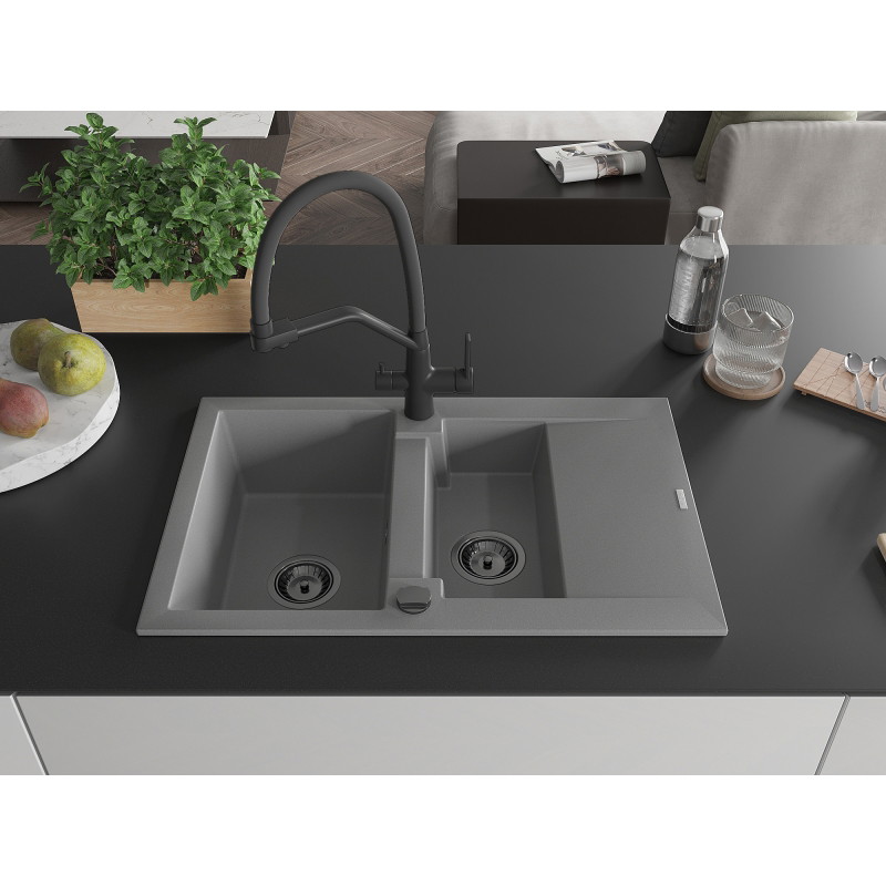 Mexen Gaspar Granitspüle 1,5-Becken mit Abtropffläche und Duo-Küchenarmatur, grau - 6507-71-671701-70-B