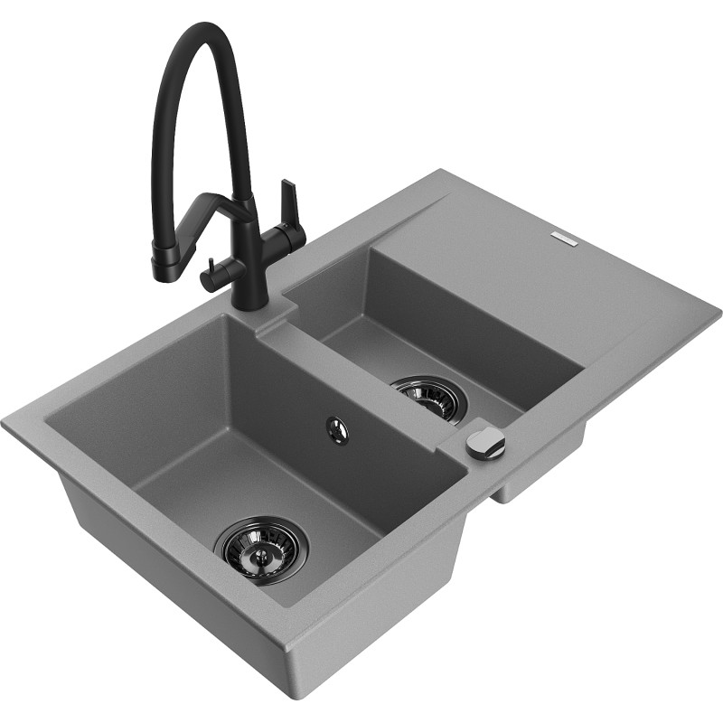 Mexen Gaspar Granitspüle 1,5-Becken mit Abtropffläche und Duo-Küchenarmatur, grau - 6507-71-671701-70-B