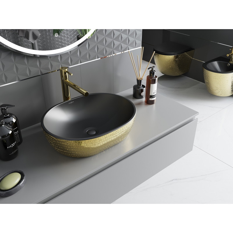 Mexen Viki Aufsatzwaschbecken 48 x 35 cm, schwarz matt/goldenes Schuppenmuster - 21054878