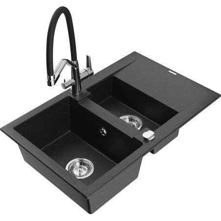 Mexen Gaspar Granitspüle 1,5-Becken mit Abtropffläche und Küchenarmatur Duo, schwarz/silberner Metallic - 6507-73-671701-07