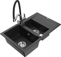 Mexen Gaspar Granitspüle 1,5-Becken mit Abtropffläche und Küchenarmatur Duo, schwarz/silberner Metallic - 6507-73-671701-07