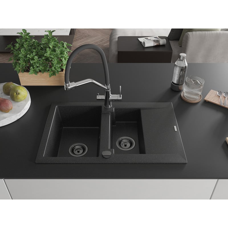 Mexen Gaspar Granitspüle 1,5-Kammer mit Abtropffläche und Küchenarmatur Duo, schwarz/silber - 6507-73-671701-07-B