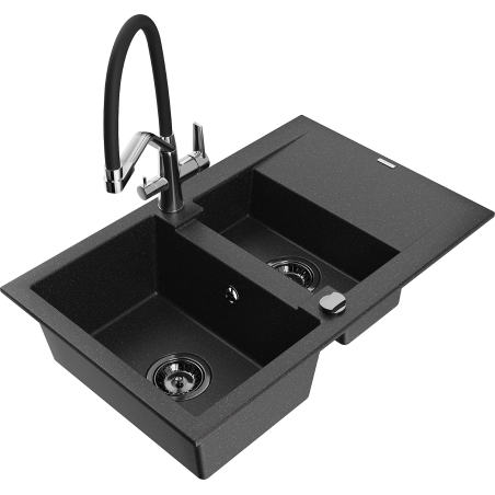 Mexen Gaspar Granitspüle 1,5-Kammer mit Abtropffläche und Küchenarmatur Duo, schwarz/silber - 6507-73-671701-07-B