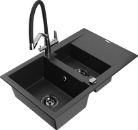 Mexen Gaspar Granitspüle 1,5-Kammer mit Abtropffläche und Küchenarmatur Duo, schwarz/silber - 6507-73-671701-07-B