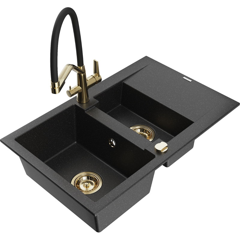 Mexen Gaspar Granitspüle 1,5-fach mit Abtropffläche und Küchenarmatur Duo, schwarz/silber - 6507-73-671701-57-G