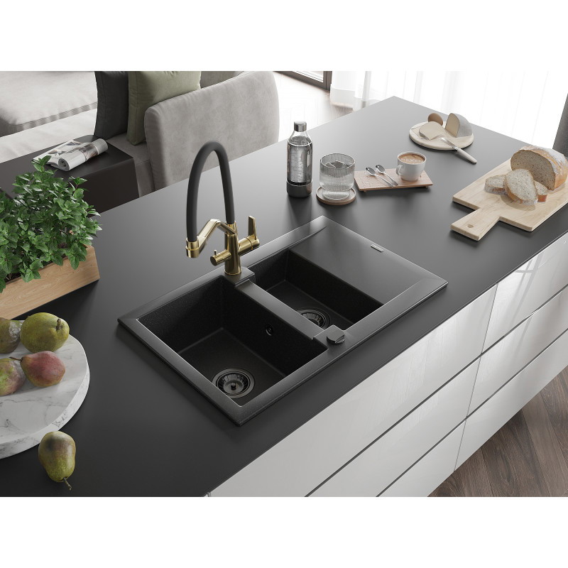 Mexen Gaspar Granit-Spülbecken 1,5-Kammer mit Abtropffläche und Küchenarmatur Duo, schwarz/silber - 6507-73-671701-57-B