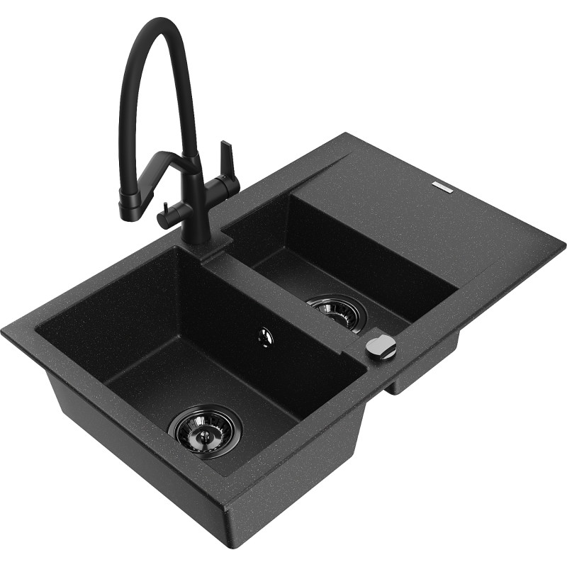 Mexen Gaspar Granitspüle 1,5-becken mit Abtropffläche und Küchenarmatur Duo, schwarz/silber - 6507-73-671701-70-B