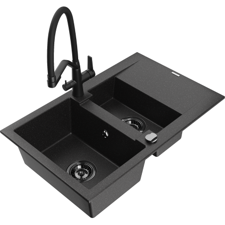 Mexen Gaspar Granitspüle 1,5-becken mit Abtropffläche und Küchenarmatur Duo, schwarz/silber - 6507-73-671701-70-B