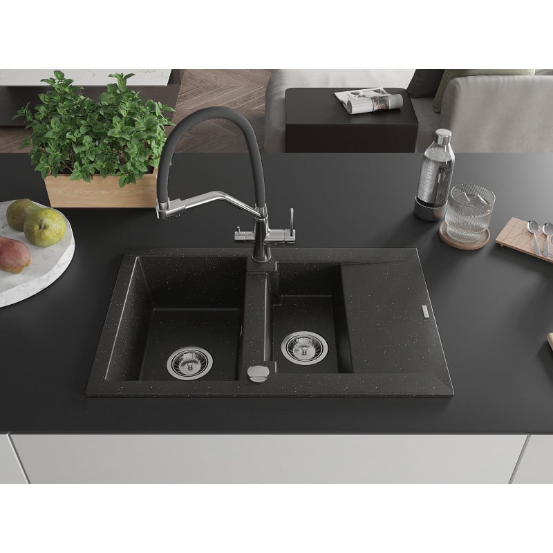 Mexen Gaspar Granitspüle 1,5-beckig mit Abtropffläche und Küchenarmatur Duo, schwarz/gold metallic - 6507-75-671701-07