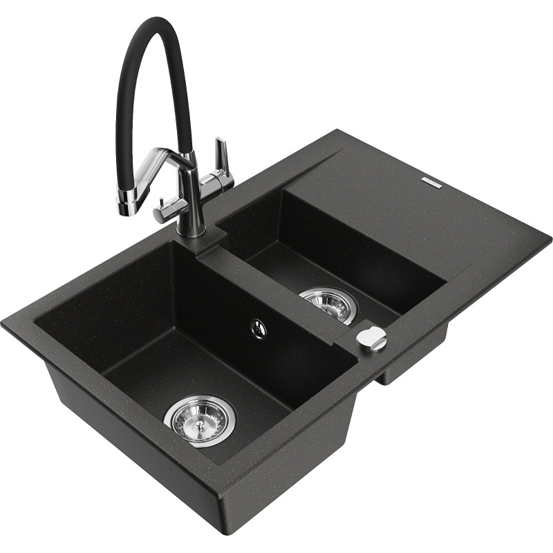 Mexen Gaspar Granitspüle 1,5 Kammer mit Abtropffläche und Küchenarmatur Duo, schwarz/gold metallic - 6507-75-671701-07