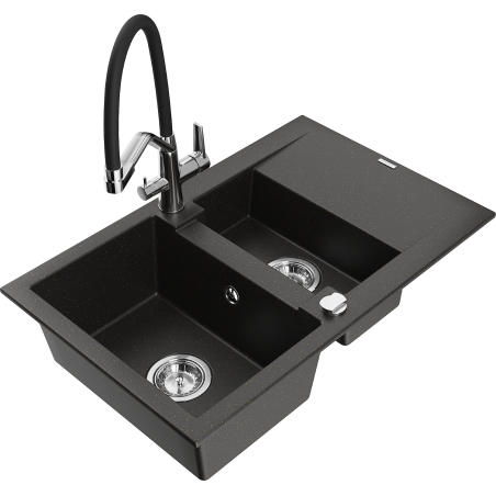 Mexen Gaspar Granitspüle 1,5-beckig mit Abtropffläche und Küchenarmatur Duo, schwarz/gold metallic - 6507-75-671701-07