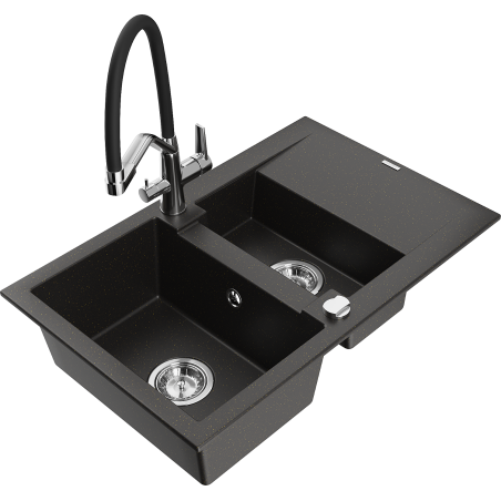 Mexen Gaspar Granitspüle 1,5 Kammer mit Abtropffläche und Küchenarmatur Duo, schwarz/gold metallic - 6507-75-671701-07