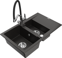Mexen Gaspar Granitspüle 1,5-beckig mit Abtropffläche und Küchenarmatur Duo, schwarz/gold metallic - 6507-75-671701-07