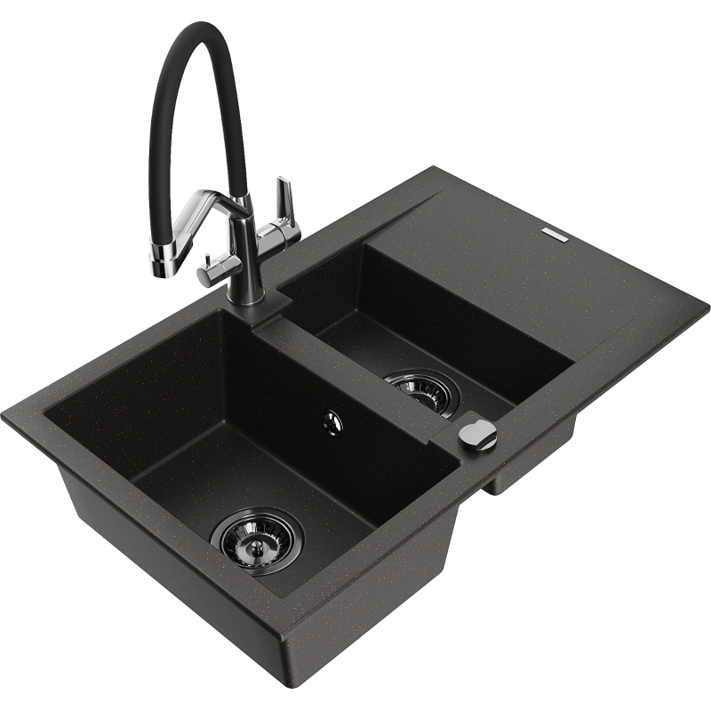 Mexen Gaspar Granitspüle 1,5-Schalen mit Abtropffläche und Küchenarmatur Duo, schwarz/gold Metallic - 6507-75-671701-07-B