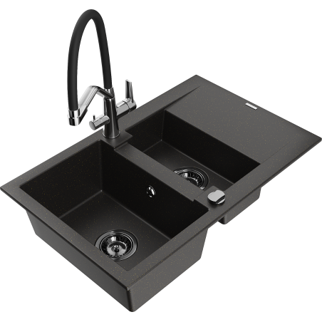 Mexen Gaspar Granitspüle 1,5-Becken mit Abtropffläche und Küchenarmatur Duo, schwarz/gold Metallic - 6507-75-671701-07-B