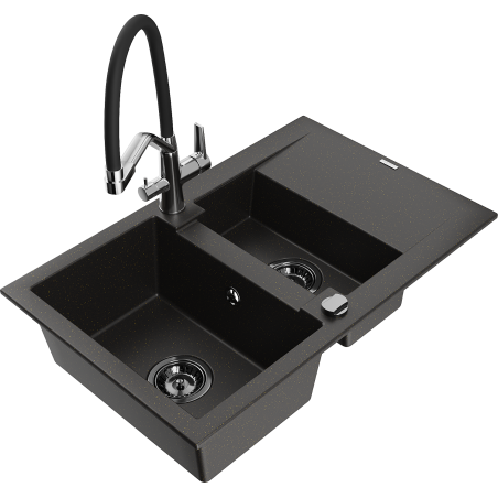 Mexen Gaspar Granitspüle 1,5-Schalen mit Abtropffläche und Küchenarmatur Duo, schwarz/gold Metallic - 6507-75-671701-07-B