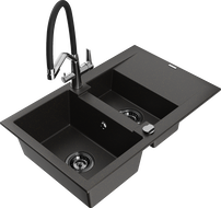 Mexen Gaspar Granitspüle 1,5-Schalen mit Abtropffläche und Küchenarmatur Duo, schwarz/gold Metallic - 6507-75-671701-07-B