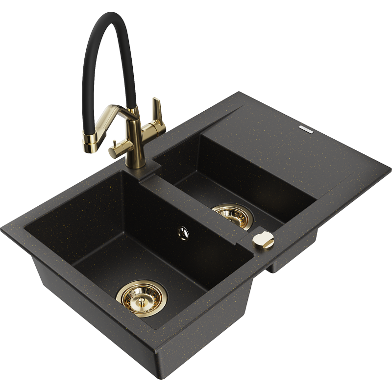 Mexen Gaspar Granitspüle 1,5-Becken mit Abtropffläche und Küchenarmatur Duo, schwarz/gold metallic - 6507-75-671701-57-G
