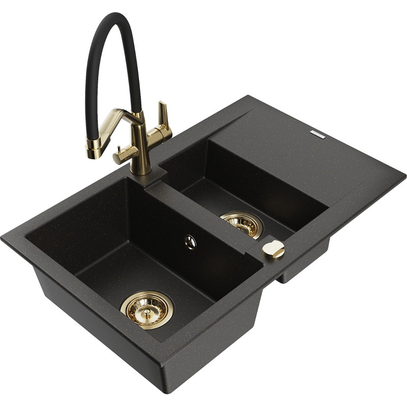 Mexen Gaspar Granitspüle 1,5-beckig mit Abtropffläche und Küchenarmatur Duo, schwarz/gold metallic - 6507-75-671701-57-G
