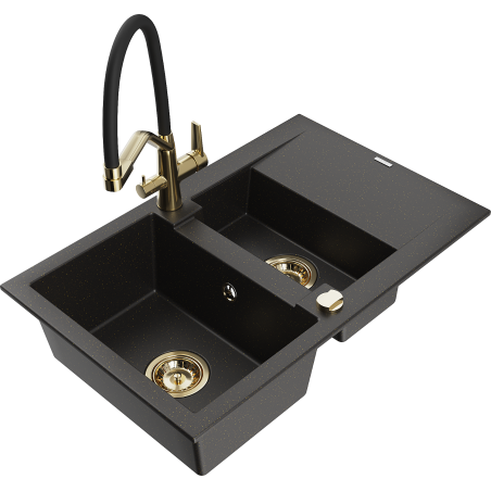 Mexen Gaspar Granitspüle 1,5-Becken mit Abtropffläche und Küchenarmatur Duo, schwarz/gold metallic - 6507-75-671701-57-G