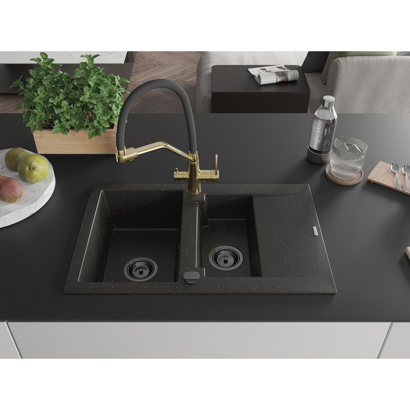 Mexen Gaspar 1,5-Kammer Granitspüle mit Abtropffläche und Küchenarmatur Duo, schwarz/gold metallic - 6507-75-671701-57-B