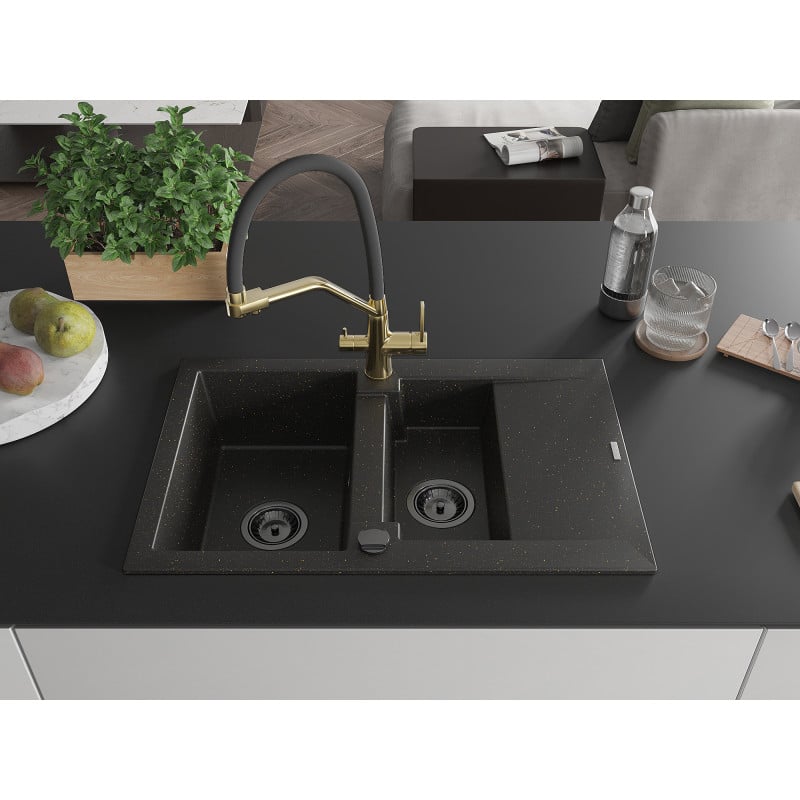 Mexen Gaspar Granitspüle 1,5-Becken mit Abtropffläche und Duo-Küchenarmatur, schwarz/gold metallic - 6507-75-671701-57-B