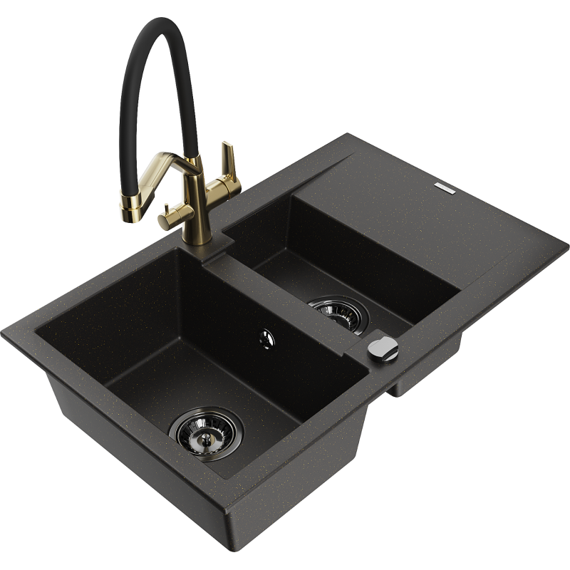 Mexen Gaspar Granitspüle 1,5-Becken mit Abtropffläche und Duo-Küchenarmatur, schwarz/gold metallic - 6507-75-671701-57-B