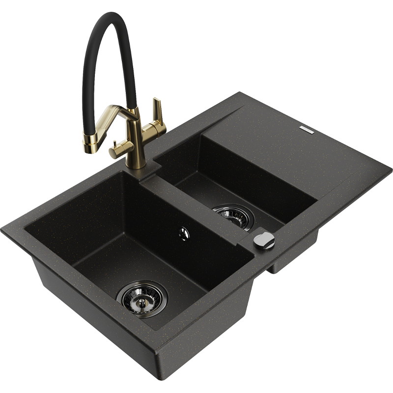 Mexen Gaspar Granitspüle 1,5-beckig mit Abtropffläche und Küchenarmatur Duo, schwarz/gold metallic - 6507-75-671701-57-B