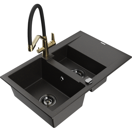 Mexen Gaspar Granitspüle 1,5-Becken mit Abtropffläche und Duo-Küchenarmatur, schwarz/gold metallic - 6507-75-671701-57-B