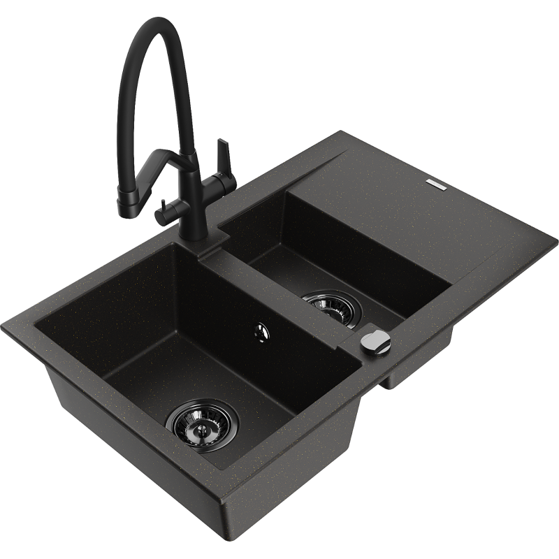 Mexen Gaspar Granitspüle 1,5-Becken mit Abtropffläche und Küchenarmatur Duo, Schwarz/Gold Metallic - 6507-75-671701-70-B