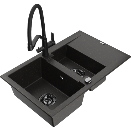Mexen Gaspar Granitspüle 1,5-Becken mit Abtropffläche und Küchenarmatur Duo, Schwarz/Gold Metallic - 6507-75-671701-70-B