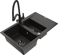 Mexen Gaspar Granitspüle 1,5-Becken mit Abtropffläche und Küchenarmatur Duo, Schwarz/Gold Metallic - 6507-75-671701-70-B