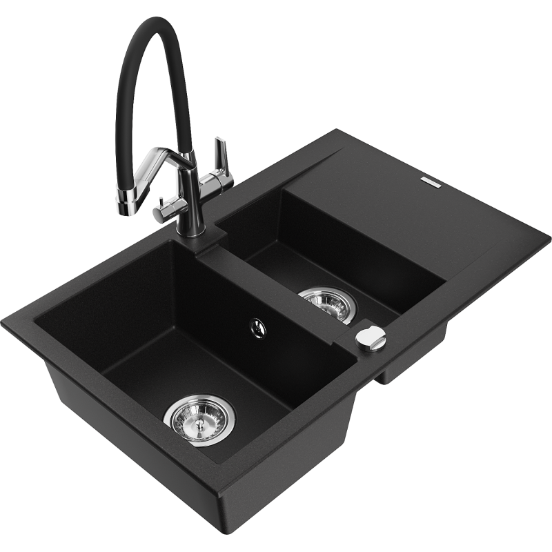 Mexen Gaspar Granitspüle 1,5-fach mit Abtropffläche und Küchenarmatur Duo, schwarz - 6507-77-671701-07