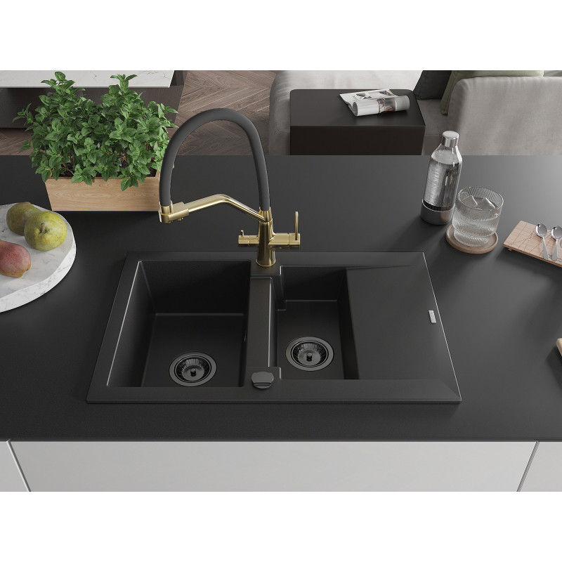 Mexen Gaspar Granitspüle 1,5-fach mit Abtropffläche und Küchenarmatur Duo, schwarz - 6507-77-671701-57-B