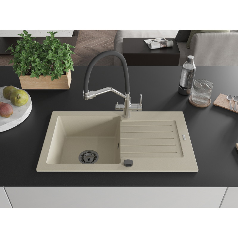 Mexen Pablo Granitspüle 1-Becken mit Abtropffläche und Küchenarmatur Duo, beige - 6510-69-671701-07-B