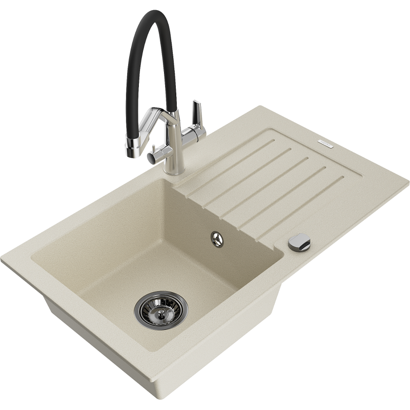 Mexen Pablo Granitspüle 1-becken mit Abtropffläche und Kücharmatur Duo, beige - 6510-69-671701-07-B