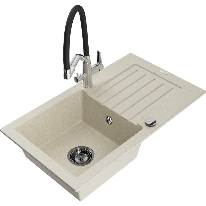 Mexen Pablo Granitspüle 1-Becken mit Abtropffläche und Küchenarmatur Duo, beige - 6510-69-671701-07-B