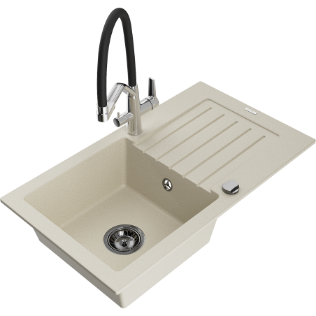 Mexen Pablo Granitspüle 1-becken mit Abtropffläche und Kücharmatur Duo, beige - 6510-69-671701-07-B