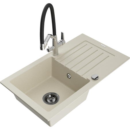Mexen Pablo Granitspüle 1-Becken mit Abtropffläche und Küchenarmatur Duo, beige - 6510-69-671701-07-B