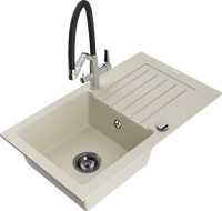 Mexen Pablo Granitspüle 1-becken mit Abtropffläche und Kücharmatur Duo, beige - 6510-69-671701-07-B