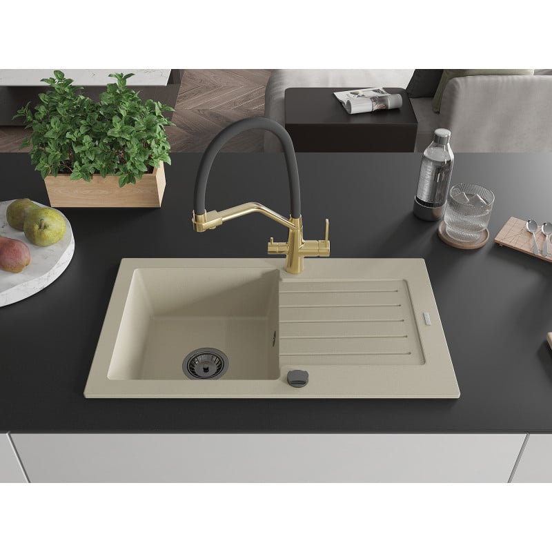 Mexen Pablo Granitspüle 1-Becken mit Abtropffläche und Küchenarmatur Duo, beige - 6510-69-671701-57-B