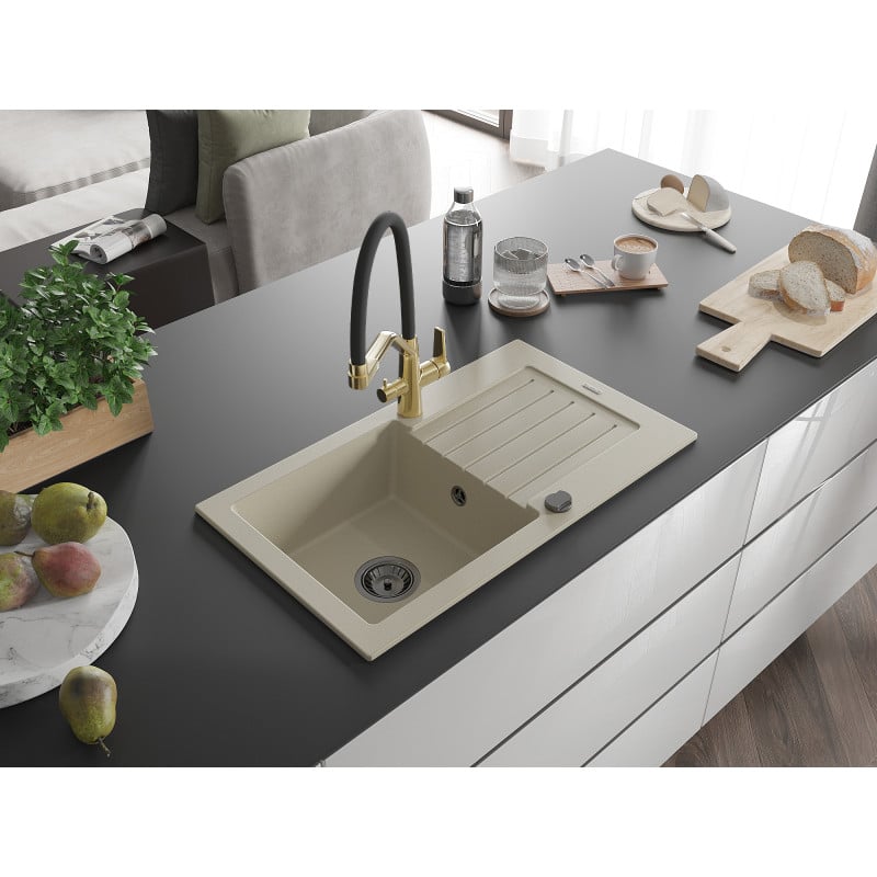 Mexen Pablo Granitspüle 1-Becken mit Abtropffläche und Küchenarmatur Duo, beige - 6510-69-671701-57-B