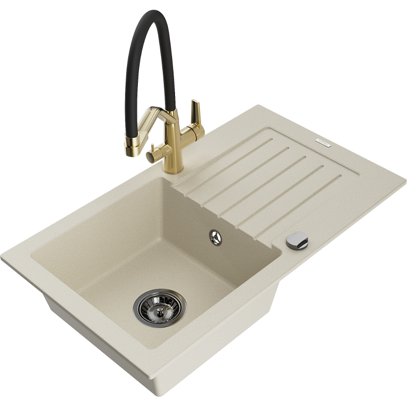 Mexen Pablo Granitspüle 1-Becken mit Abtropffläche und Küchenarmatur Duo, beige - 6510-69-671701-57-B