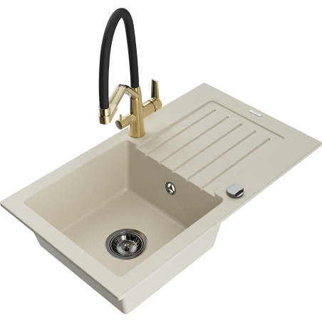 Mexen Pablo Granitspüle 1-Becken mit Abtropffläche und Küchenarmatur Duo, beige - 6510-69-671701-57-B